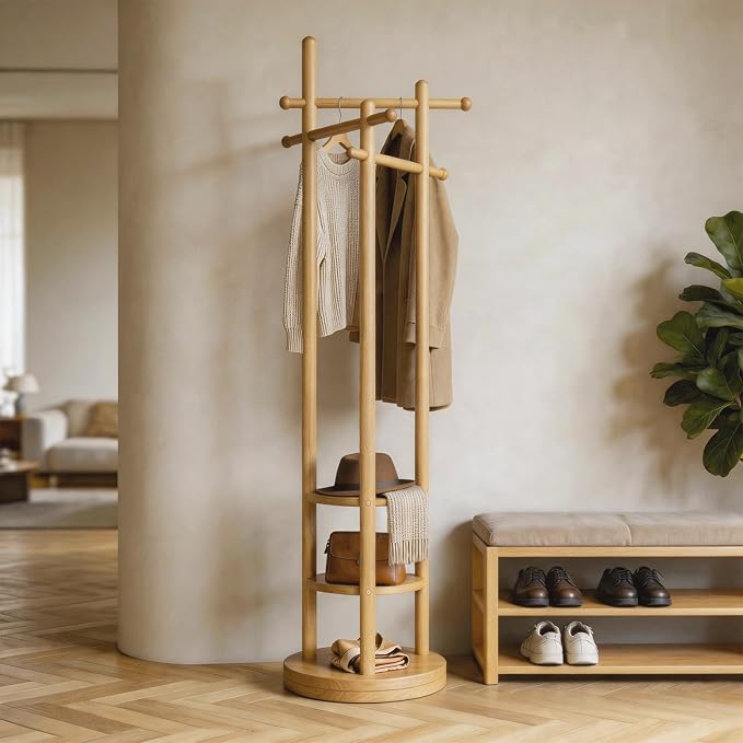Coat Rack Freestanding, Solid Wood Coat Tree with 6 Hooks and 3 Storage Shelves for Bedroom, Entryway Living Room, Office, Corner Hanger Stand for Purse, Bag, Jacket, Hat