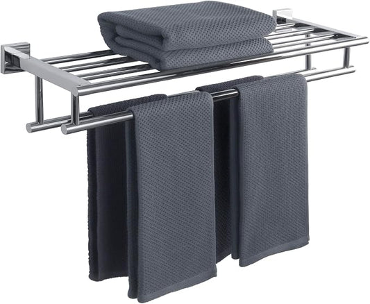 Alise 28 Inch Double Towel Rack for Bathroom Wall Mounted,Polished Chrome | Bathroom Tower Holder Towel Shelf with Double Towel Bars,SUS304 Stainless Steel Towel Rack with Shelf
