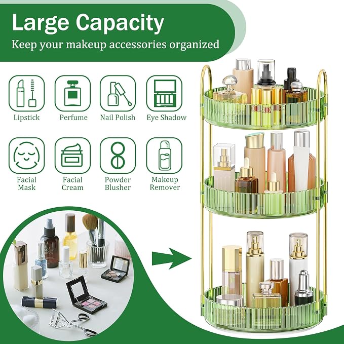 MOKANI 360 Rotating Makeup Organizer for Vanity, 3 Tier Perfume Organizer | Adjustable Multi-Function Spinning Cosmetics Skincare Storage for Bedroom, Dresser, Countertop, Green