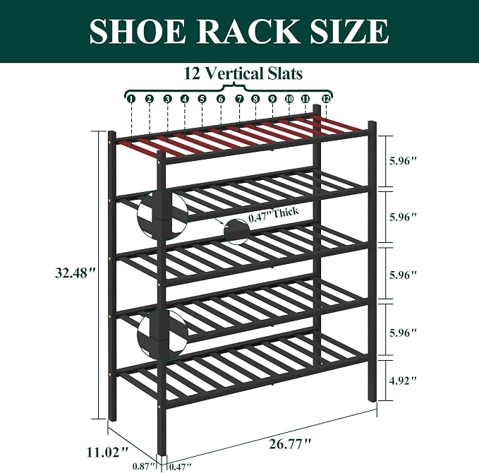 Smiry Bamboo Shoe Rack, 12 Vertical Slats, 5 Tier - 26.8" Wide, Black | Stackable Free Standing Wooden Shoe Organizer, Wood Shoe Storage Shelf for Closet, Entryway