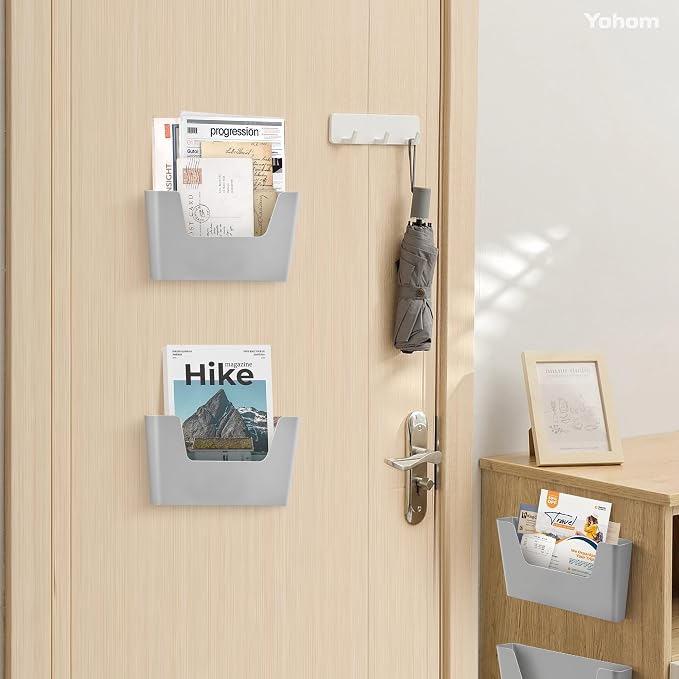 YOHOM Adhesive File Holder Plastic Document Folder Door No Drilling Mount Mail Magazine Organizer A4 Filing Envelopes Folder, Office Wall Mount Single Pocket (GREY, 5 PCS)