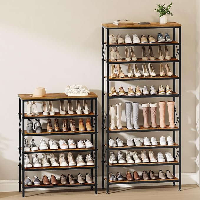 10-Tier Tall Shoe Rack Organizer, Wooden Shoe Storage for Closet Holds 40 Pairs, Sturdy Shoe Shelf with X-Shaped Metal Support, for Entryway, Bedroom, Rustic Brown and Black SS210BR
