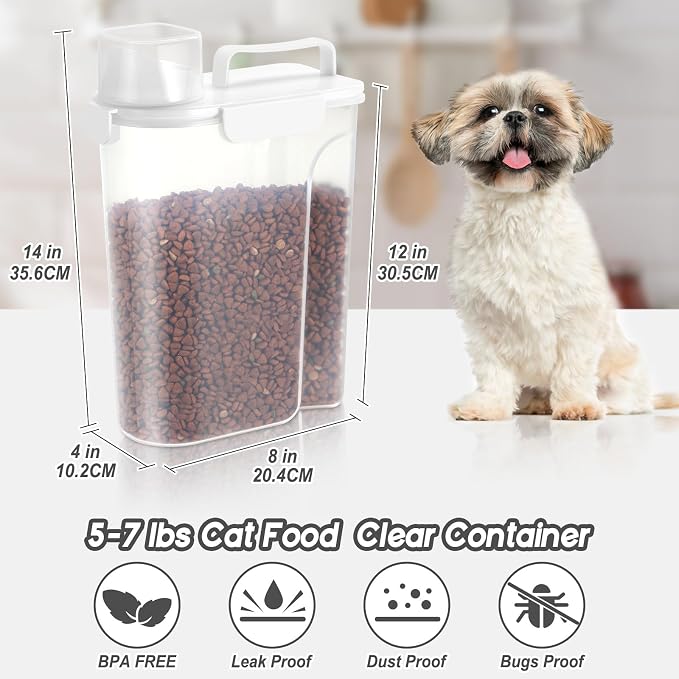 LEAWALK 5-7LBS Plastic Dog Cat Storage Container PBA-free, Pet Food Containers with 4-Buckle Handle Design is Leak-Proof, Easy to Clean and Portable-Whtie
