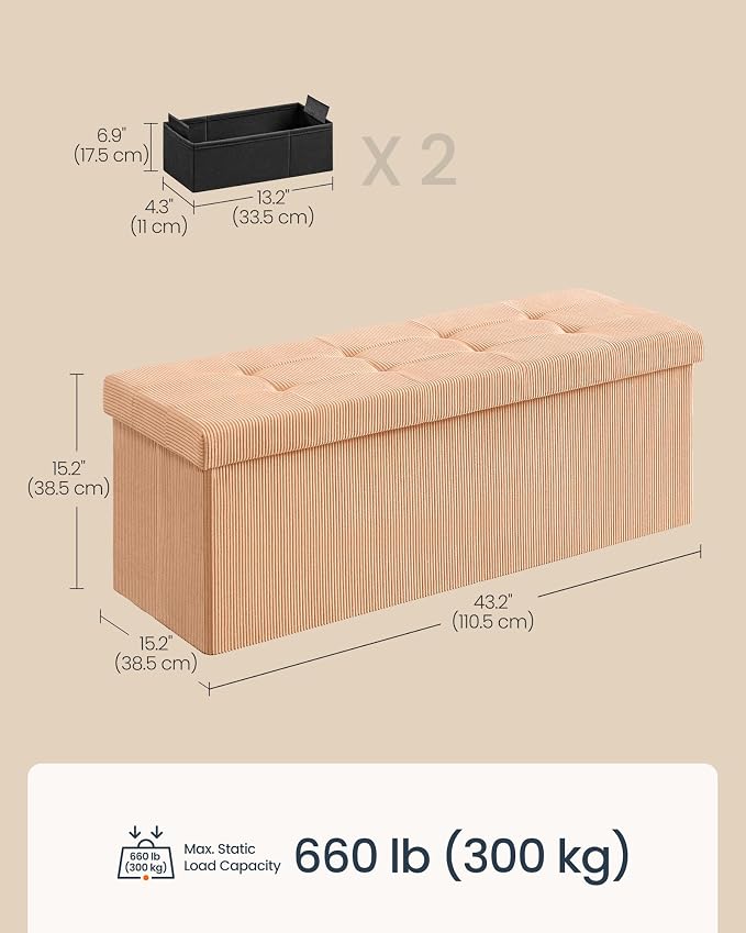 SONGMICS Home Ottoman with Storage, Removable Lid, Folding Storage Chest, Easy Assembly, for Entryway, Bedroom, Living Room, 15.2 x 43.2 x 15.2 Inches, Corduroy, Light Orange