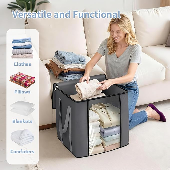 120L Extra Large Clothes Storage Bags, 3 Pack Blanket & Clothing Storage Bins, Foldable Closet Organizers with Clear Window and Reinforced Handles for Clothing, Blankets, Bed Sheets and Pillows