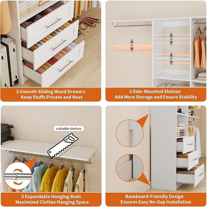 Closet System with Drawers, 5-7.61FT Closet Organizer System with Cuttable Shelves & 3 Expandable Hanging Rods, 96” Walk in Closet Organizer Storage System, Modular Closet Systems Adjustable, White
