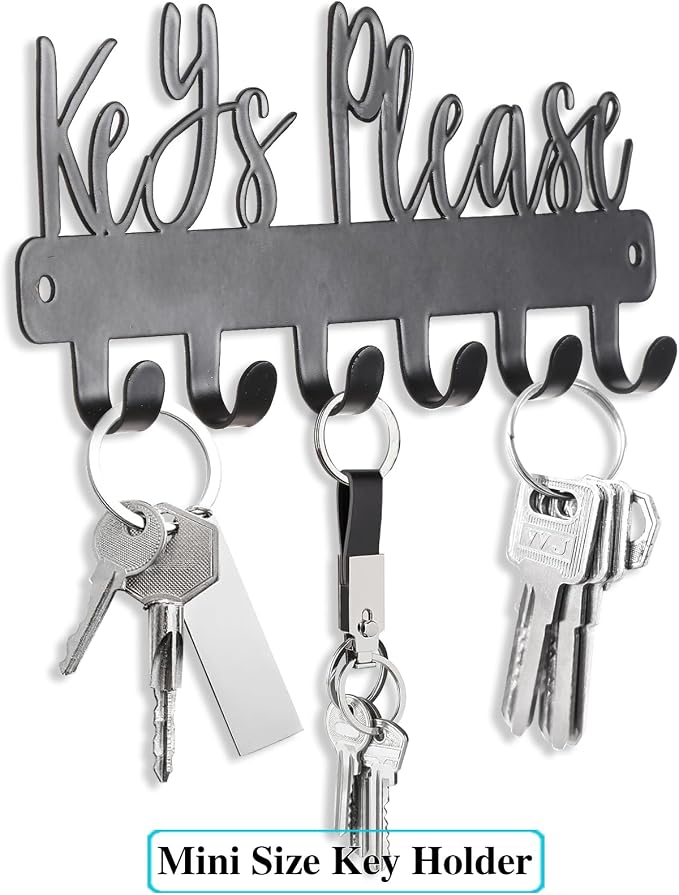 Keys Please Key Holder Wall Mounted, Mini Size: 7.28x2.95inch | Black Metal Decorative Rack Hooks for Garage,Mudroom,Hallway,Entryway,Front Door,Office