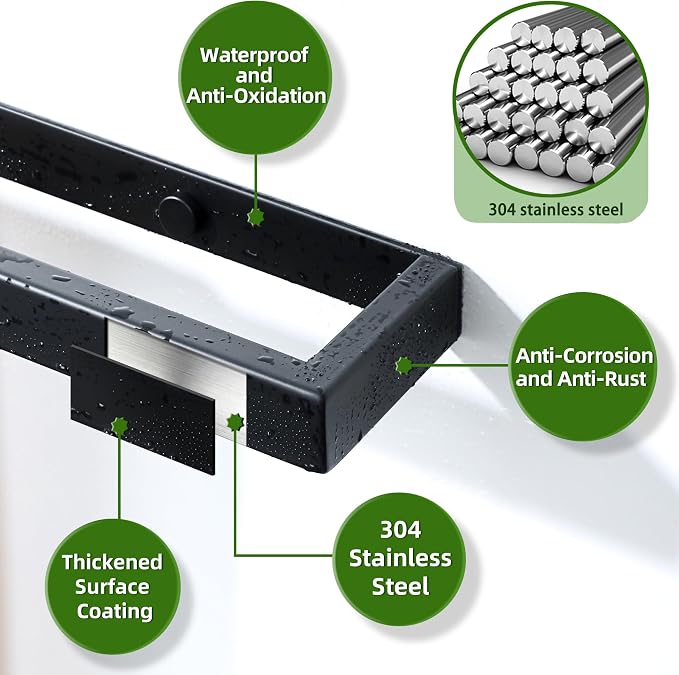 Alise 8 Inch Hand Towel Holder Black Towel Bar for Bathroom Wall Mounted | Towel Rack for Bathroom Lavatory,SUS304 Stainless Steel Towel Rail for Bath Kitchen Walls,Self-adhesive or Drilling Mount