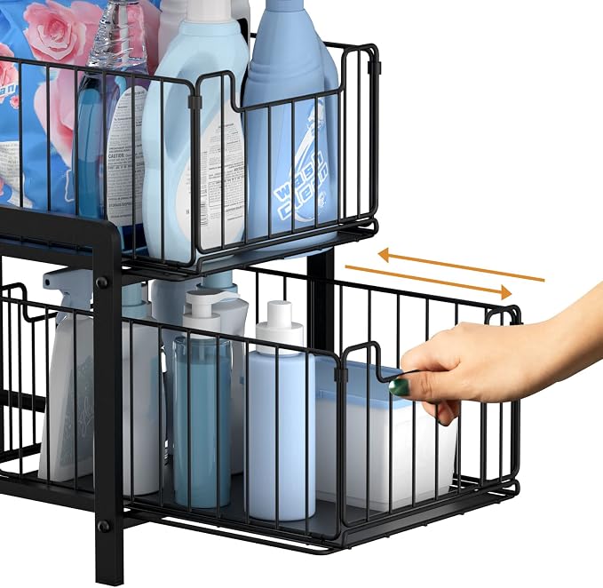 NPPLUS 2 Tier Black Under Sink Organzier With Sliding Drawer | Iron Under Sink Cabinet Organizers Pull Out Home Storage For Bathroom Kitchen Desktop