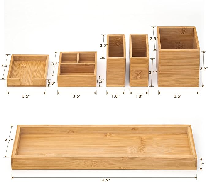 Bamboo Vanity Tray Set, 6-Piece Bathroom Organizer for Small Items | 14.9-Inch Long, Modular 6-Piece Set for Makeup, Jewelry and Small Items on Bathroom, Kitchen or Desk Counters