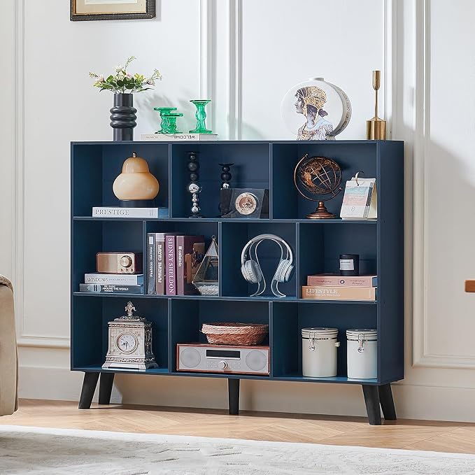 LEYAOYAO 10 Cube Bookshelf,Mid-Century Modern Bookcase with Legs,Dark Blue | 3 Tier Book Shelf, 55" Wide Rustic Wood Bookshelves Large Storage Organizer, Open Shelves for Bedroom, Living Room, Office