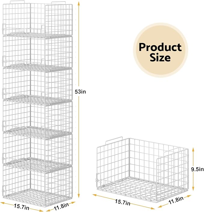 6-Tier Stackable Closet Organizers and Storage Basket - Foldable Closet Shelf Organizer System, Sturdy Metal Space-Saving Clothes Storage Bins for Wardrobe, White