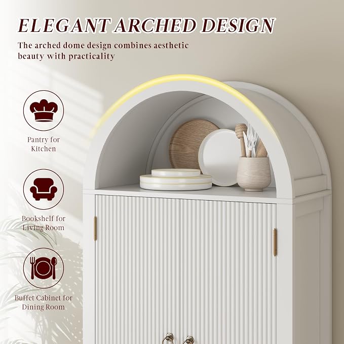 FURSUN 71" Arched Storage Cabinet with Fluted Doors, Tall Wood Pantry Cabinet with Drawers & Adjustable Shelves, Modern Coffee Bar Cabinet, White