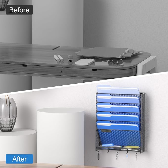 OUTWOLF Hanging Wall File Organizer with Hooks, 6 Tier Vertical Wall Mount File Holder, Paper Document Mail Organizer for Office