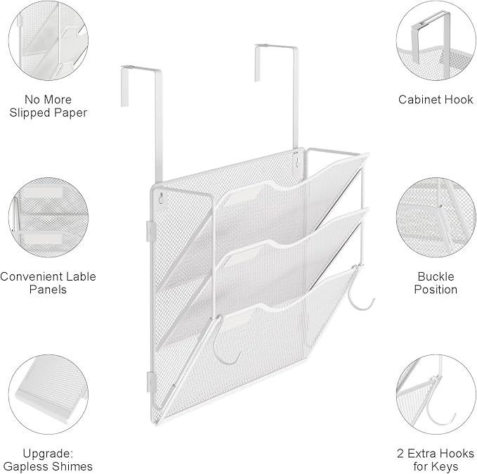 BOHDK Wall File Organizer, Hanging File Folder Organizer, Vertical Mesh Metal Door/Wall Mount Hanging File Holder. Paper Document Magazine Rack with Hooks for Home Office Black (3 Pockets White)