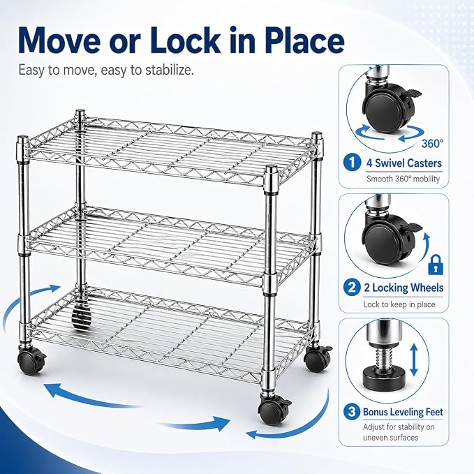Simple Deluxe 3-Tier Storage Shelves, 750 Lbs Loading Capacity, 24.02" W x 13.78" D x 21.97" H Shelving Unit for Garage, Pantry and Kitchen, Chrome