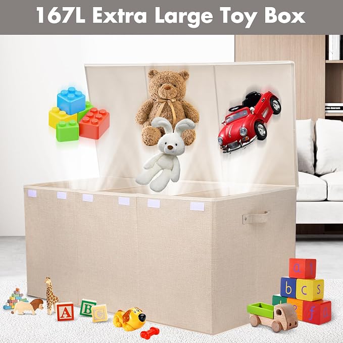 167L Large Toy Box Chest Storage with Lid, Collapsible Kids Toy Storage | Toy Chest with with Removable Divider for Kids, Boys, Girls, Nursery, Living Room, Bedroom, 35.5"x17" x17" (Linen Beige)