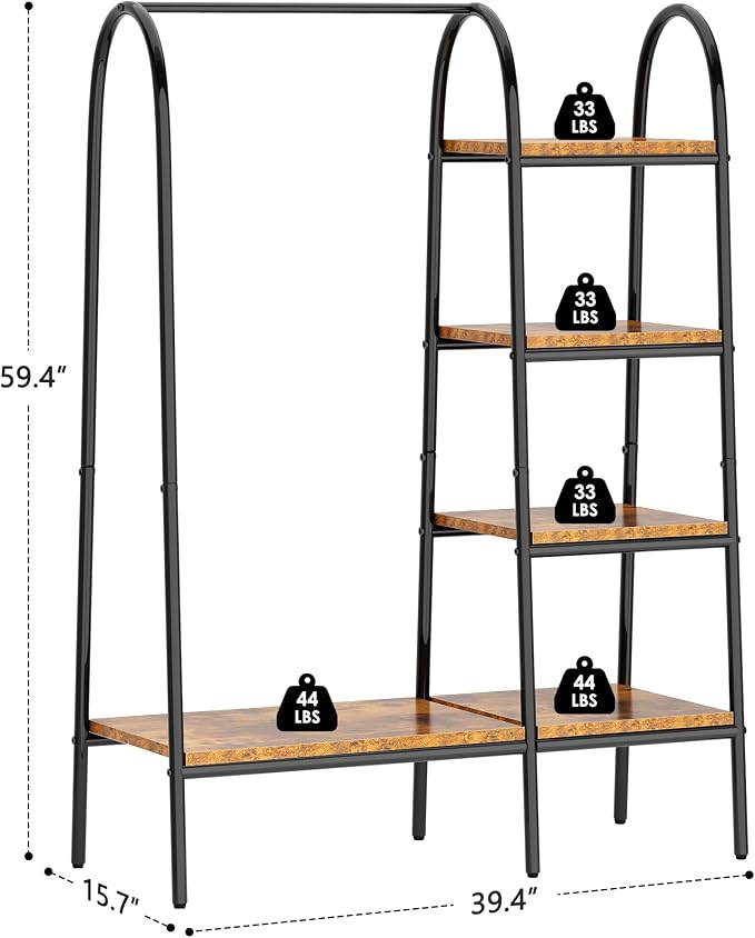soges Clothes Rack, Garment Rack with 5 Shelves Hanging Bar, Rustic Brown | Open Wardrobe for Hanging Clothes and Storage, Free Standing Closet Organizer, Clothing Rack for Bedroom Entryway Small Space