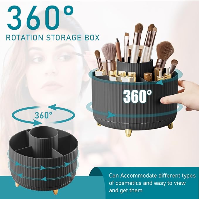 Makeup Brush Holder Organizer,360° Rotating Makeup Brush Organizer,5 Slot Make up Brushes Cup for Cosmetics, Nail Polish, Art Supply, Bathroom Vanity Desktop Organizer - Black