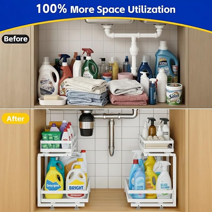 2-Tier Under Sink Organizer, Metal Pull Out Shelf, White | Carbon steel 2-tier shelf, ball-bearing pull-out, adjustable height, no-drill setup, for bathroom and kitchen cabinets