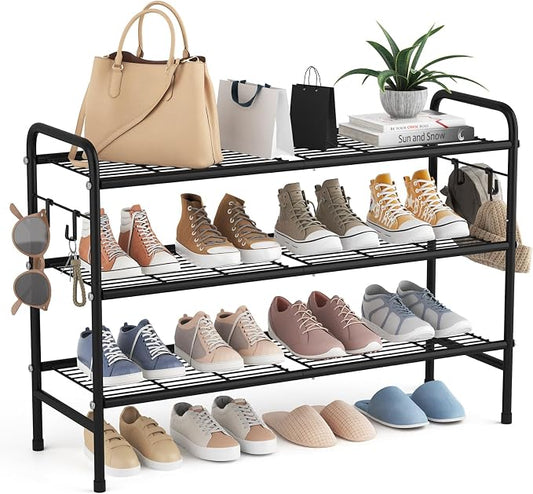 VILICK 3 Tier Shoe Rack 33" Wide Metal Shoe Organizer, Black | Long Shoe Storage, 4 Side Hooks, Sturdy Shoes Shelf, For Front Door Entrance, Closet, Garage, Dorm