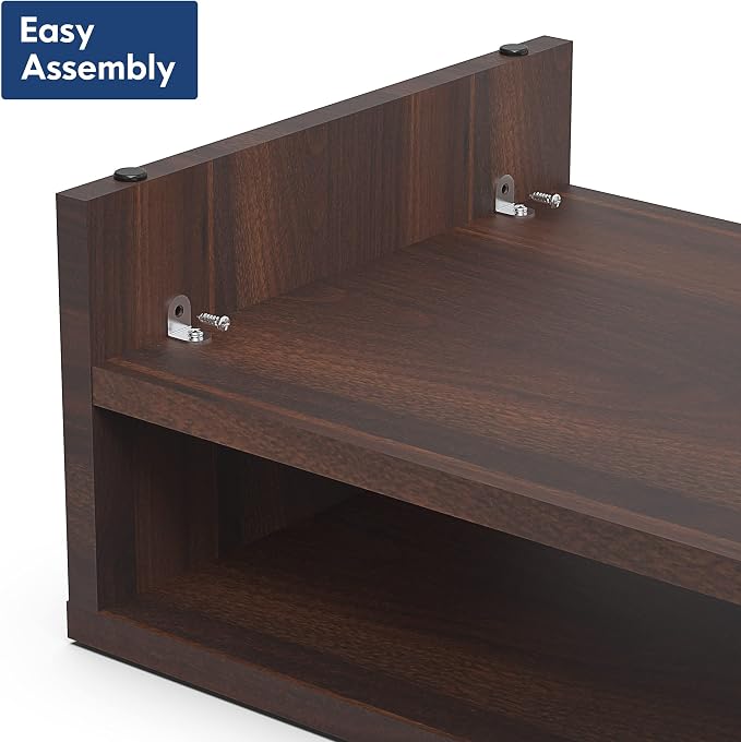 FITUEYES Wooden Monitor Stand Riser, 2-Tier Desk Storage Shelf, Brown | 16.7-Inch Desktop Organizer Fits Laptop, Computer Screen and Office Supplies