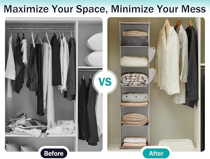 YOUDENOVA Hanging Closet Organizer and Storage, 6-Shelf Closet Hanging Storage Shelves, Light Grey