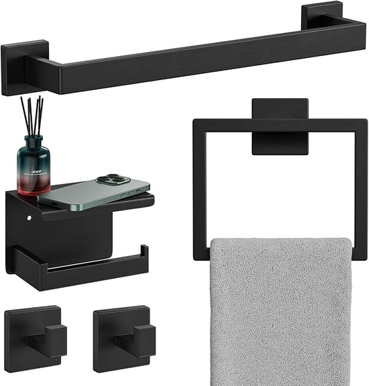 5-Pieces Matte Black Bathroom Hardware Set, 16 Inch Bathroom Towel Bar Set, SUS304 Stainless Steel Bathroom Hardware Accessories Set, Towel Racks for Bathroom Wall Mounted