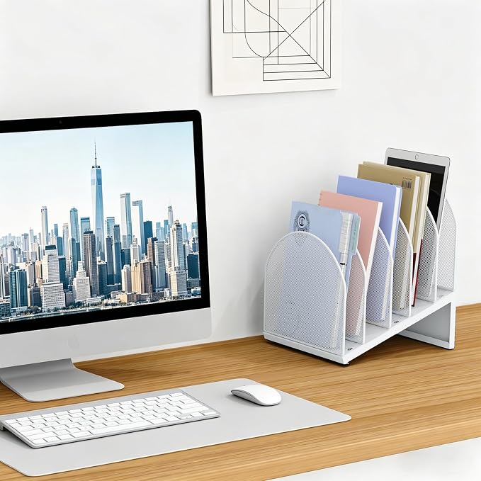 gianotter Desktop File Organizer, Desk Organizer with 5 Compartments, Paper Organizer for Desk, Workspace Organizers for Office Supplies (White, Inclined Style)