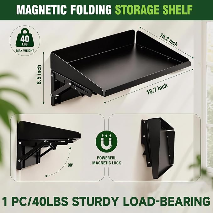 ULIBERMAGNET Magnetic Folding Shelf, 40LBS Heavy Duty Magnetic Mounted Rack for Garage, Workshop, RV,Power Tools,Toolbox,1Set Storage Shelves with Lip for Workshop Kitchen Office