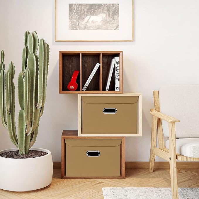 STOREONE Fabric Storage Cube Bins Foldable Organizer Container Collapsible Basket with Lids and Metal Handles, for Home, Bedroom, Closet 3 Pcs (Khaki)