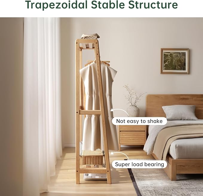 Solid Wood Clothes Rack, Clothing Rack with Shelves for Bedroom, Living Room, Entryway, 16" x 20" x 63", Oak Wood, Natural