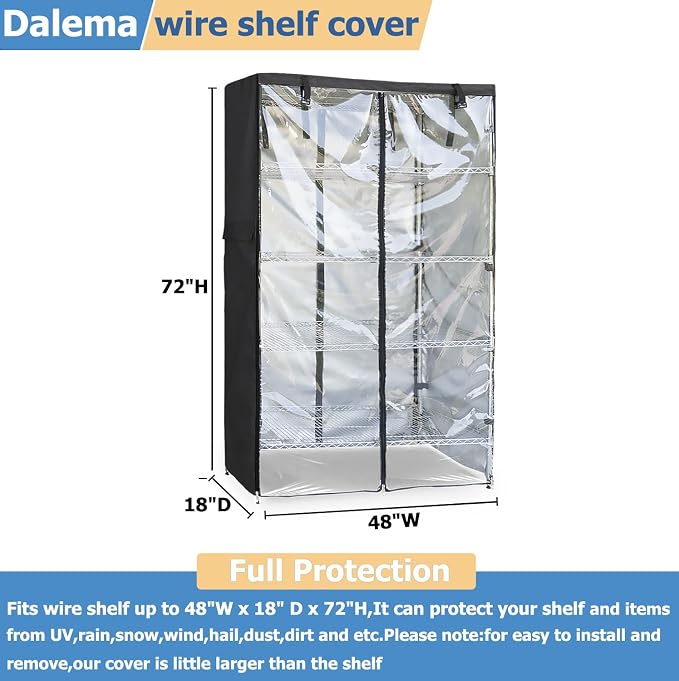 Waterproof Shelf Cover,Outdoor 600D Heavy Duty Dustproof Storage Shelves Cover,48''x18''x72'' Shelf Covers for Wire Shelving with Zippers,Storage Rack Covers with Clear Front