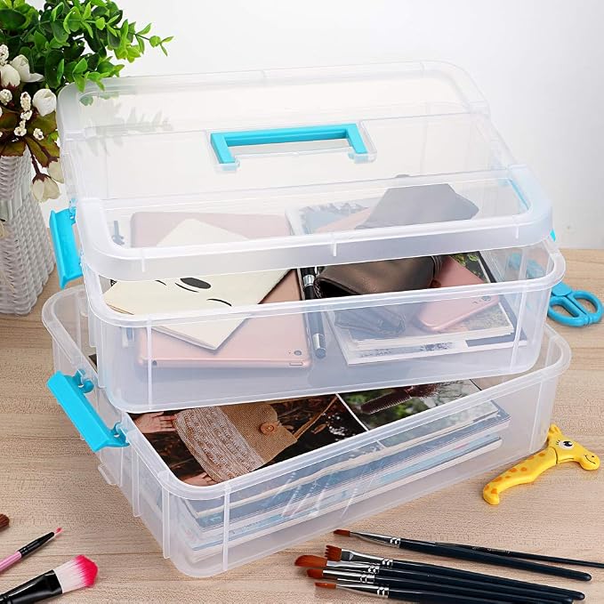 JUXYES 2-Tiers Plastic Stack Carry Storage Containers Box wih Handle Lids | Clear Stackable Latching Craft Storage Bin for School Office, Organizing Stationery, Sewing, Art Craft, DIY Supplies, Blue
