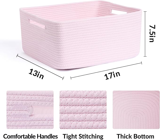 MiniArk Large Storage Baskets for Shelves, 17 x 13 x 7.5” Closet Organizers Bins for Clothes Blanket Towels, Baby Nursery, Toy Baskets Box, Woven Rope Baskets, 3 Packs Light Pink