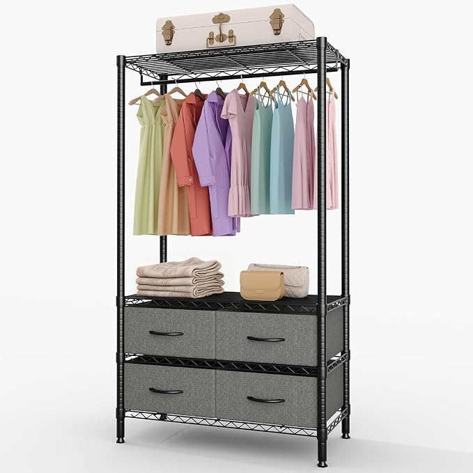 Portable Closet with Drawers Clothes Racks for Hanging Clothes | Freestanding closet organizer Sturdy structure Space saving Orgnizer Easy to assemble
