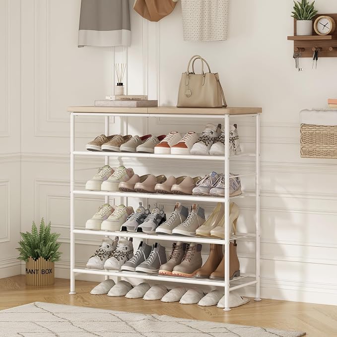 SUOERNUO 5 Tier Shoe Rack Organizer for Closet Shoe Storage for Entryway | Free Standing with MDF Top Board,Sturdy Metal Frame,Ideal for Living Room,Hallway White