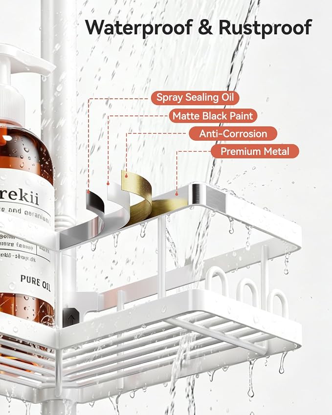 YASONIC Corner Shower Caddy Tension Pole, 25.7-109.1in Adjustable Shower Shelves, Rust-Resistant Shower Organizer, No-Drill 3-Step Installation, Bathroom Shelves for Renters & Family, White