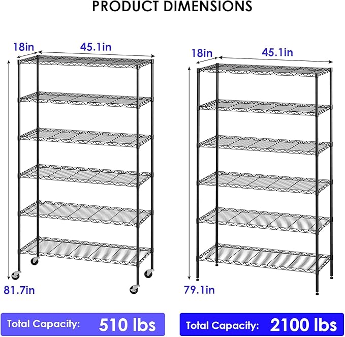 FDW | 6-Tier Wire Storage Shelves with Wheels | 45"x18"x82" | Black | Adjustable Racks | Heavy-Duty Metal Shelf, Holds Upto 2100 lbs | Tool-Free Assembly, Rust-Resistant | for Home & Garage Shelving | Storage Shelves with Adjustable Racks, Holds upto 5...