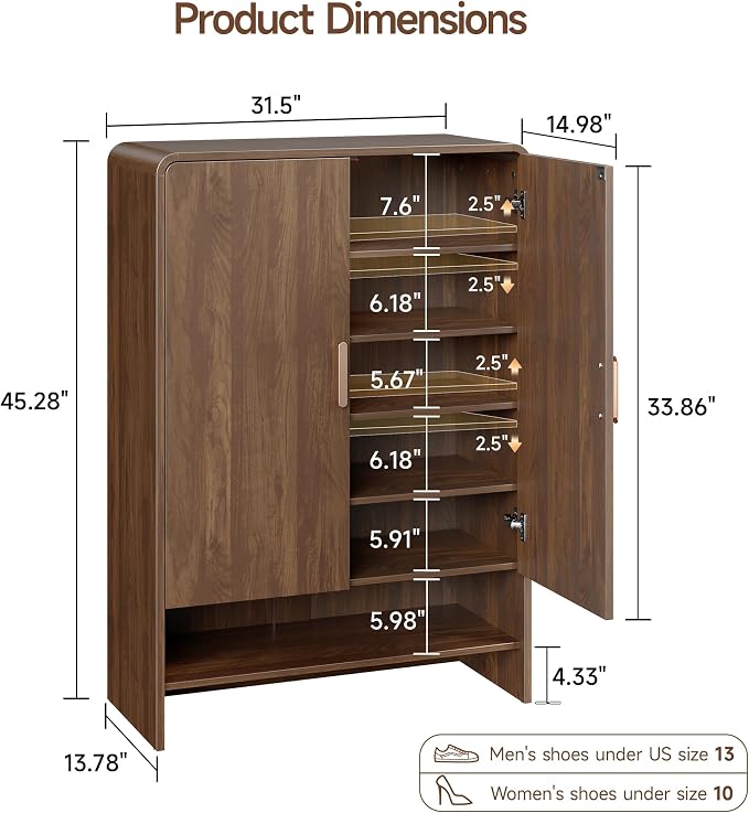 6-Tier Shoe Storage Cabinet, 45'' Large Farmhouse Shoe Cabinet for Entryway, Modern Wooden Shoe Rack Organizer with Doors and Shelves, for Front Door Hallway (Walnut)