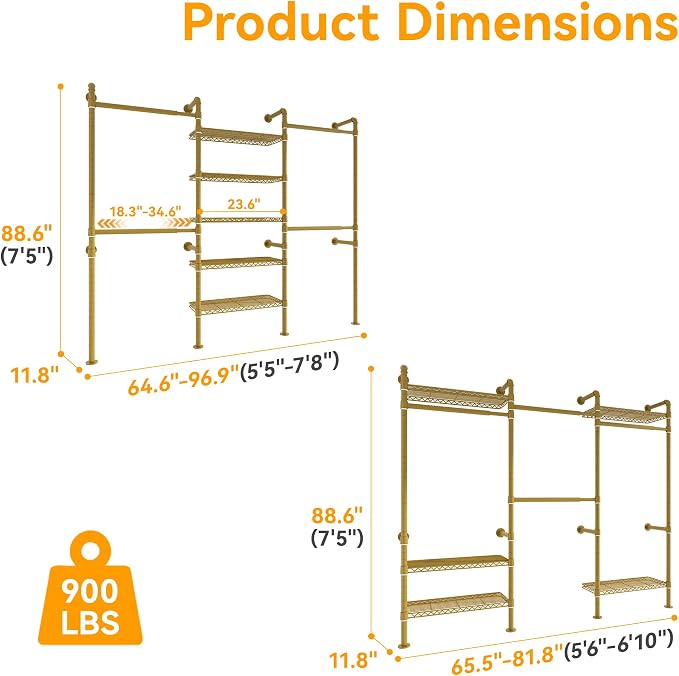 Higeego W3 Wall Mounted Clothes Rack, Industrial Pipe Clothing Rack, Gold | Heavy Duty Clothes Rack, Clothing Racks for Hanging Clothes, Closet Organizer, Expandable Hanger Rods, Adjustable Shelving