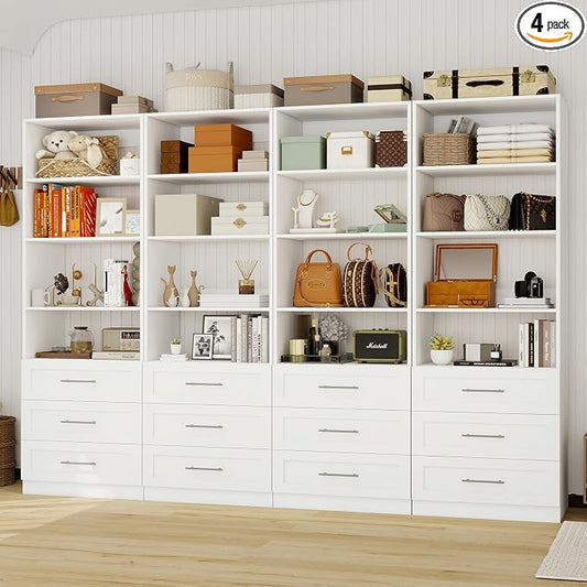 Closet System with 12 Drawers & 16 Shelves, Wood Closet Organizer System with 4 Extra Hanging Rod for Walk in Closet, Modular Closet Organizer System White(8FT)