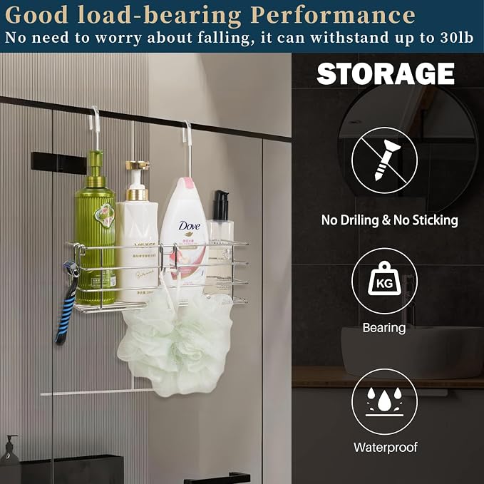 1-Tier Shower Caddy Hanging Shower Organizer Rack with Hook Over Door 2-PK