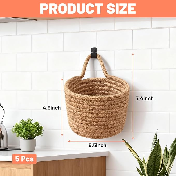 5 Pcs Woven Wall Hanging Baskets, Boho Storage Organizers Fabric Pouches Wall Mounted Bag for Home Office Living Room Decor, Brown