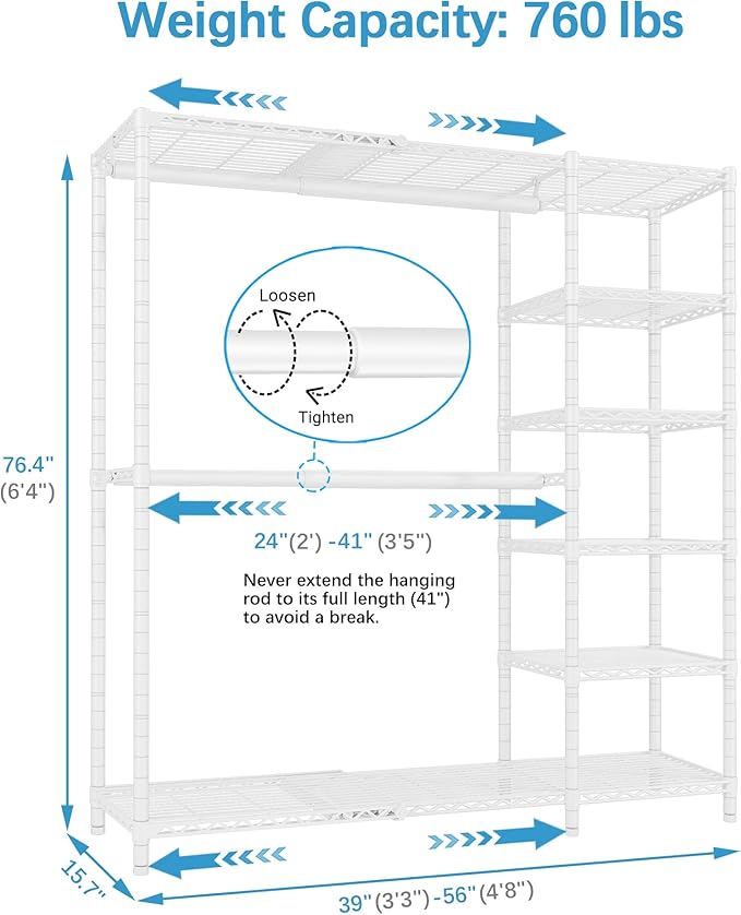 VIPEK X2 Expandable Clothes Rack Portable Closet Organizer System White | Heavy Duty Closet Racks Adjustable from 3'3" to 4'8" with Shelves and Hanger Rods Reach-in Clothing Rack for Hanging Clothes