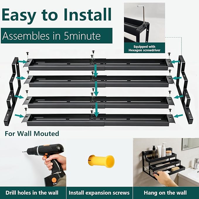 bealy 4-Tier Spice Rack Countertop Spice Rack Organizer for Cabinet, Expandable 16“-29” Spice Shelf Seasoning Organizer, Spice Organizer for Pantry, Slip-Resistant Design for Jars and Bottles