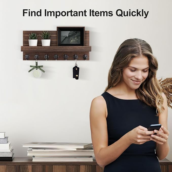 Lwenki Key Holder Wall Mount, Entryway Key and Mail Holder with 7 Sturdy Hooks for Sunglasses, Dog Leash, Decorative Wall Shelf with Mounting Hardware, 15”W x 6.7”H x 4.2”D (Brown)