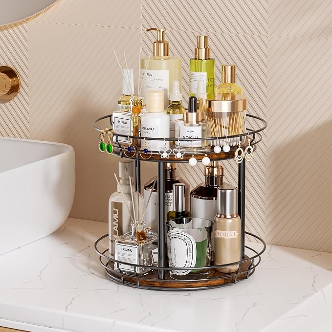 LAMU 10'' Lazy Susan Turntable Organizer, 2 Tier Round Rotating Spice Rack Organization for Kitchen Cabinet and Countertop, Wooden Lazy Susan for Table Top, Pantry, Bathroom, Vanity, Home Decor