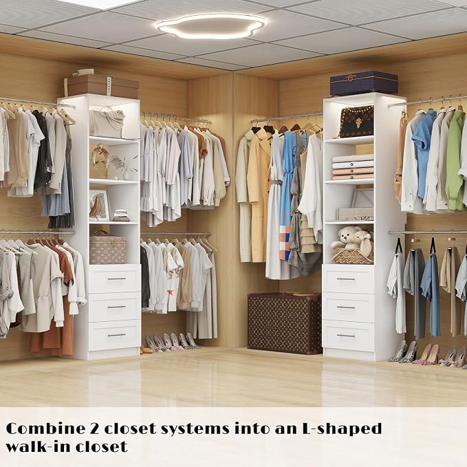 Closet System with Drawers, 5FT-9FT Custom Closet Organizer System 114.9" Walk in Wood Closet Storage System with 4 Expandable Hanging Rods Wall Mount White