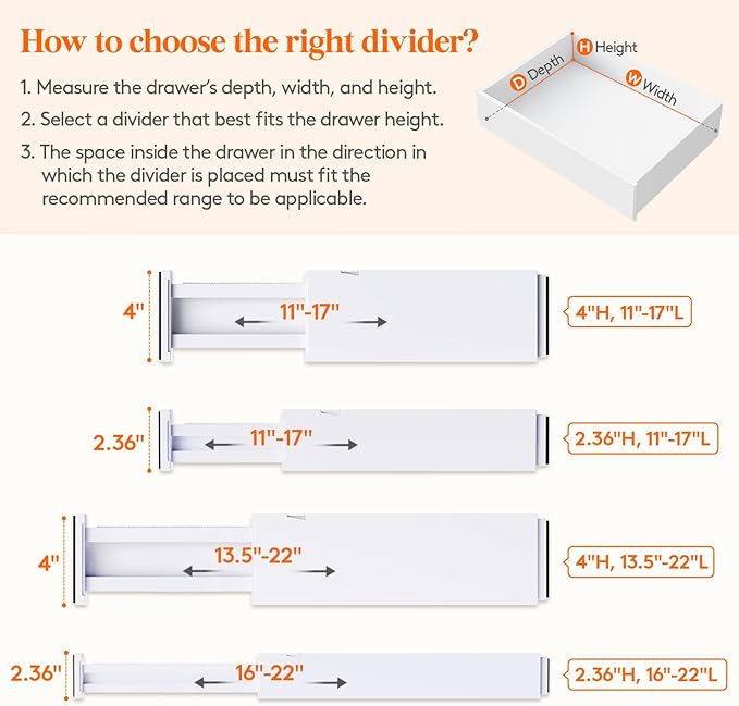 Lifewit 5 Pack 2.36" High Drawer Dividers 28-43.5cm/11-17" Adjustable Drawer Organizer for Clothes/Utensils, Expandable Drawer Separator in Dresser/Kitchen/Bedroom/Office Organization & Storage White